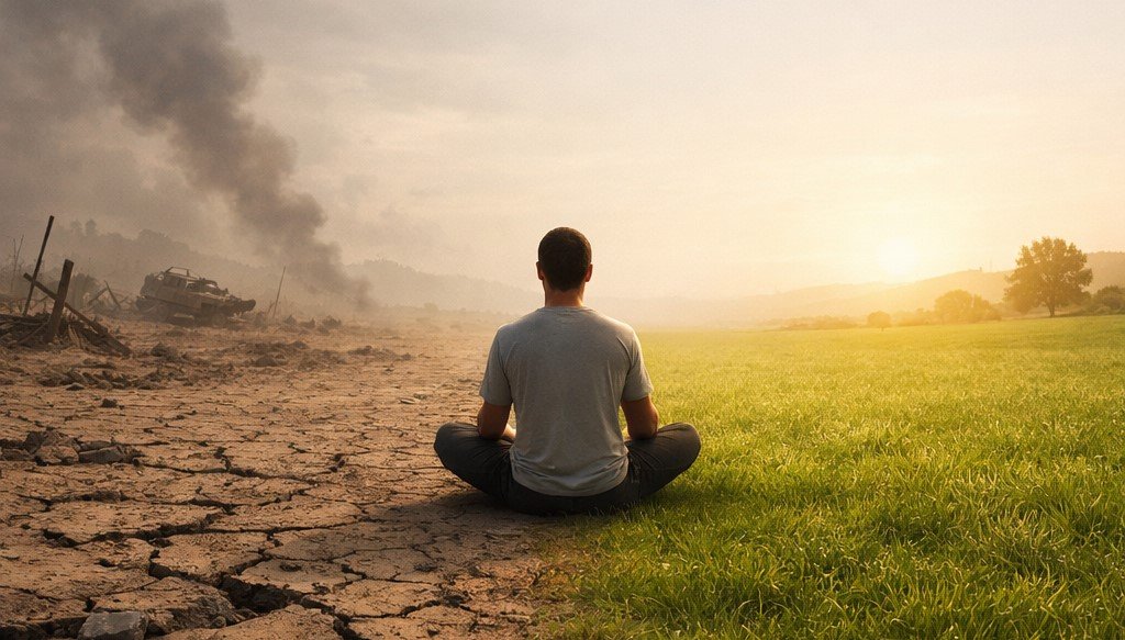 Woman sitting peacefully with eyes closed, finding inner peace and mental ceasefire