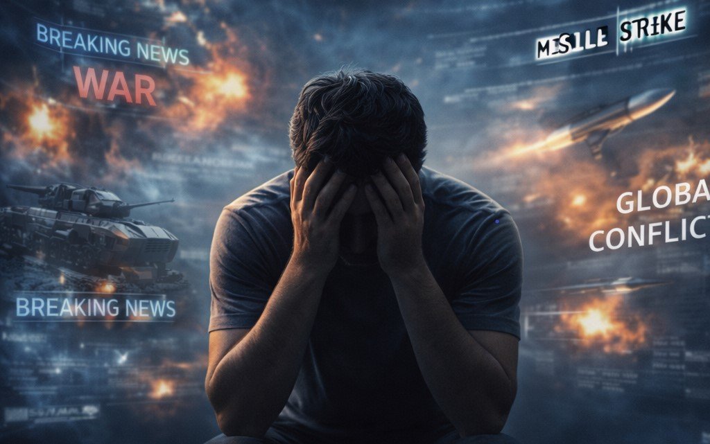 Person stressed while watching news about global conflict on phone